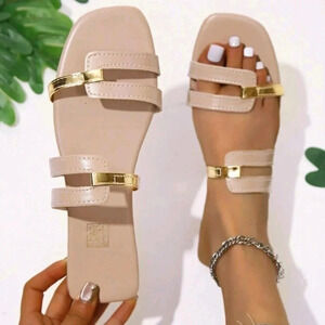 Fashion Sandals For Women, Two Tone Cut Out Design Slide Sandals